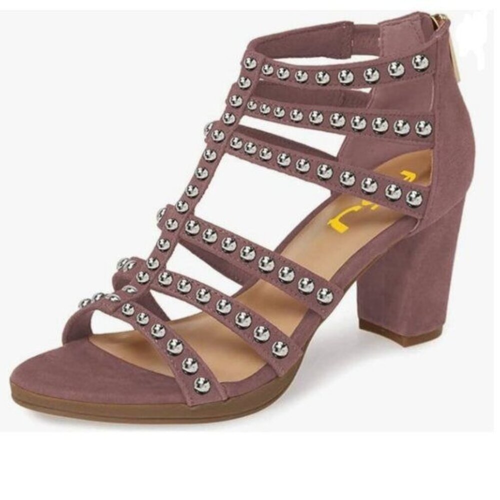 FSJ Rosybrown Chunky High Heel Sandals Open Toe T-Strap Cutout Dress Shoes